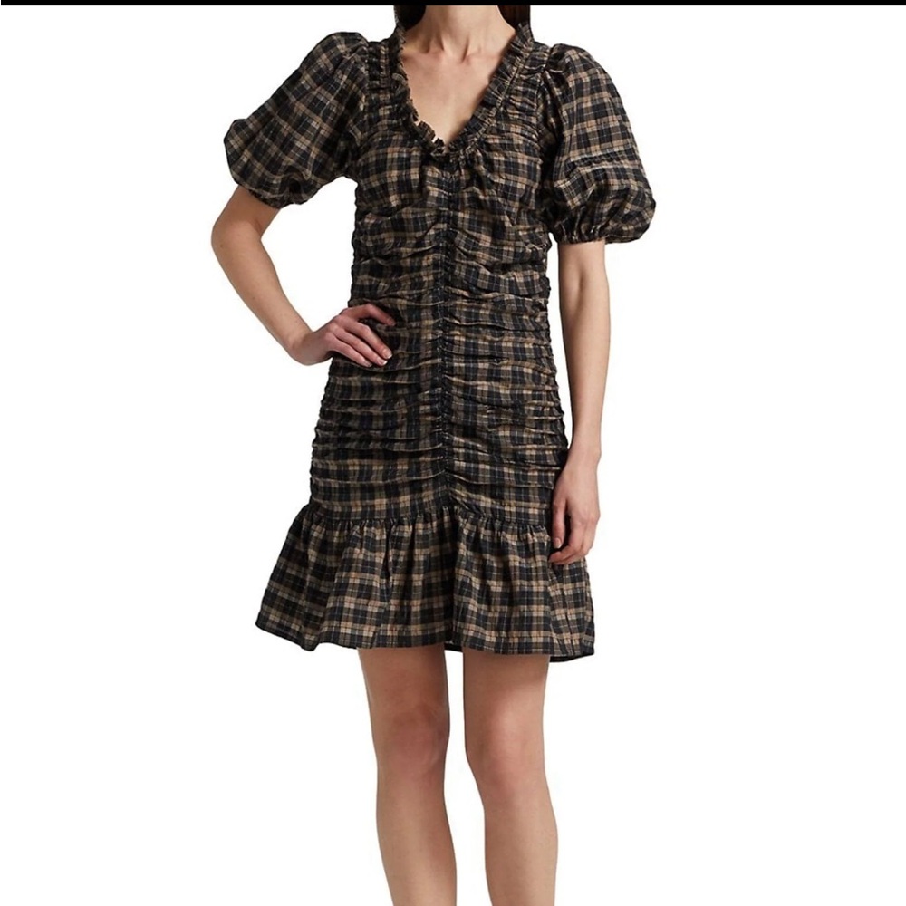 [GANNI] Seersucker Gingham Puff Sleeve Dress - Size 2